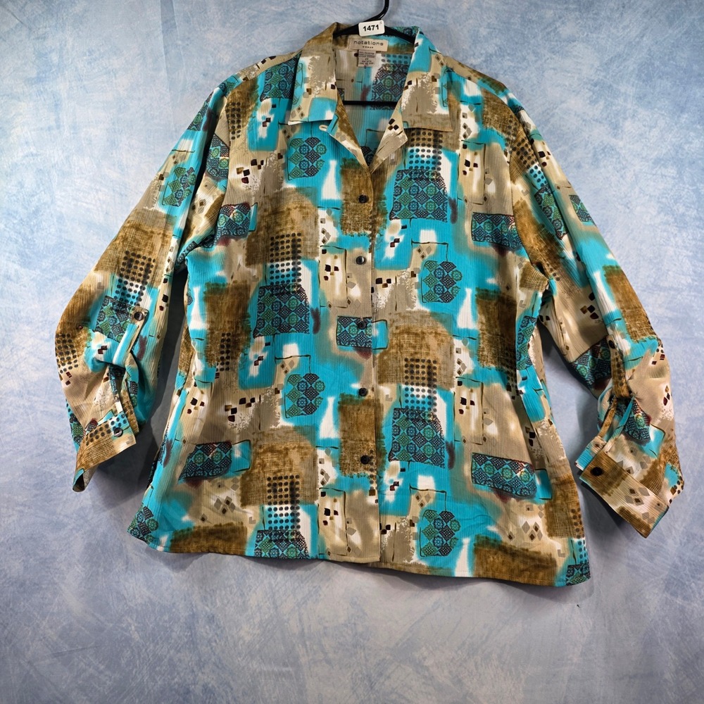 Notations Woman 2X Turquoise Brown Abstract Geometric Roll Tab Sleeve Blouse